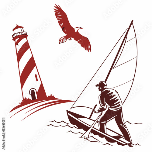 Sailor sailing small boat past lighthouse with eagle flying overhead