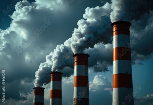 Industrial chimneys release thick smoke into a cloudy sky, highlighting environmental pollution issues photo