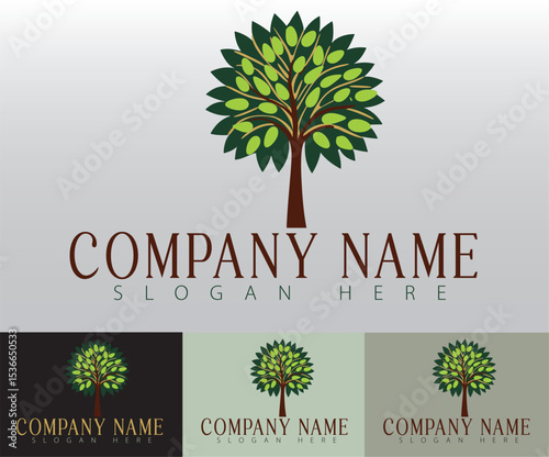 Eco-friendly logo design featuring green tree and leaves.