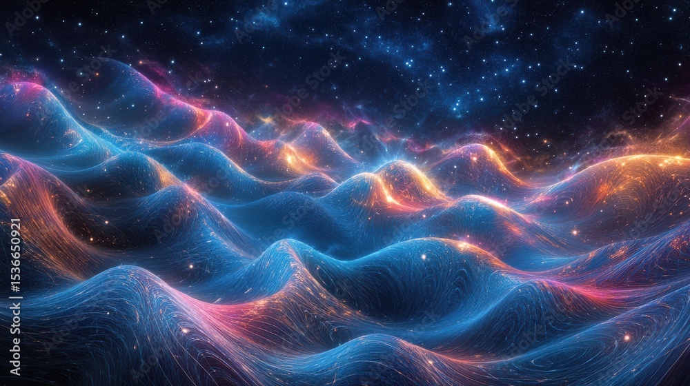 Obraz premium Abstract landscape with glowing lines and night sky in outer space