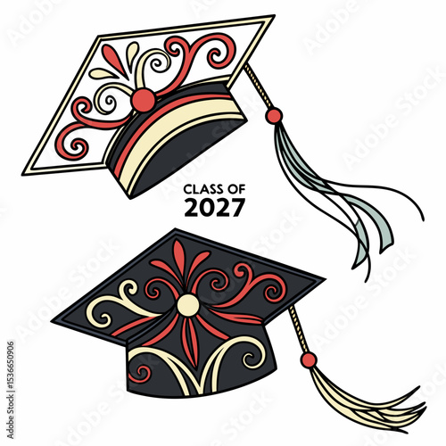 Class of 2027 graduation caps ornate design illustration