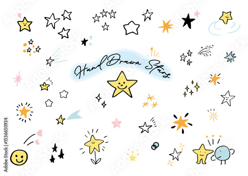 手描きのゆるい星 笑顔　Hand-drawn Smiling Stars and Decorative Doodle Elements