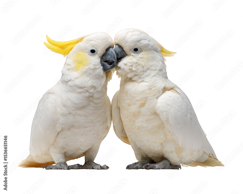 Two white cockatoo birds with yellow crests touching beaks in tender moment, isolated on transparency background showing detailed feathers and expressive eyes Two white cockatoo birds with yellow crests touching beaks in tender moment, isolated on transparency background showing detailed feathers and expressive eyes