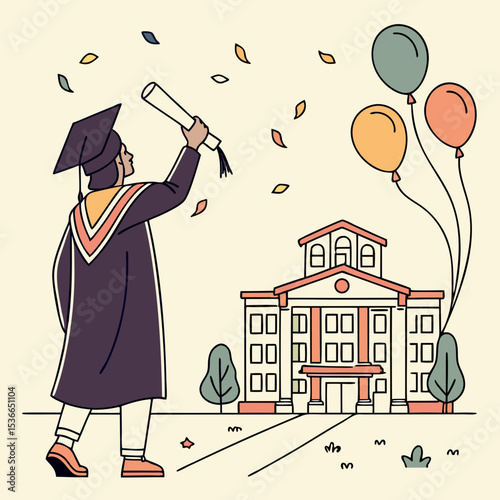 Happy graduate celebrates graduation day near university building