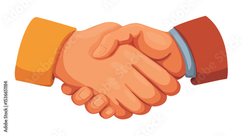 A close-up illustration of two hands shaking, depicted in a simplified, cartoon-like style. One hand is depicted in shades of orange, the other in reddish-brown. The background is white