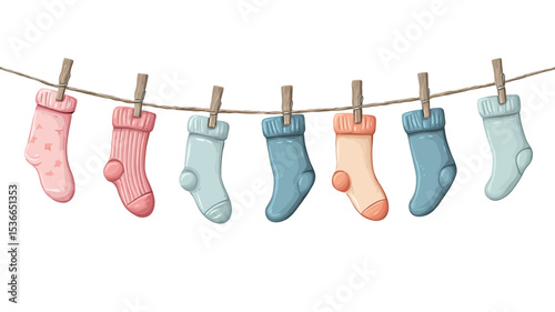 An illustration of seven pairs of colorful baby socks hanging on a clothesline secured by small, light brown clothespins. The socks are rendered in a soft, watercolor-like style with various pastel