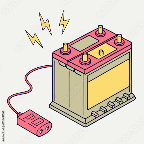 Colorful battery charging with lightning symbols and power cord  