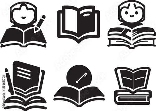 Silhouette illustrations of students in various school-related activities.