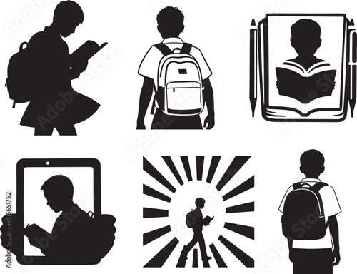 Silhouette illustrations of students in various school-related activities.