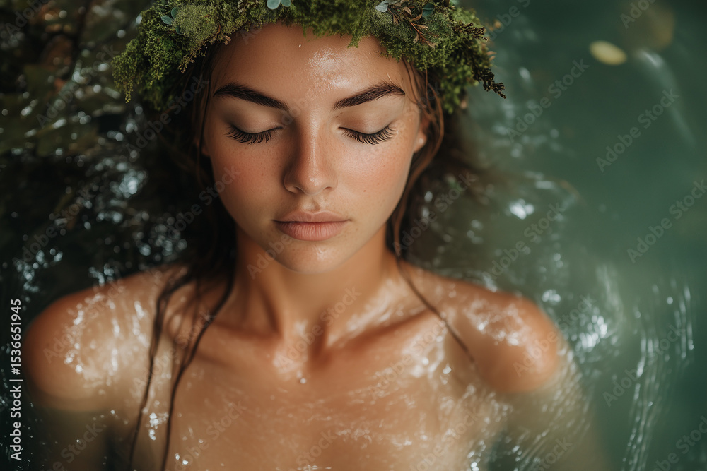 Obraz premium Young Woman with Moss Crown Floats Calmly in Natural Water Setting