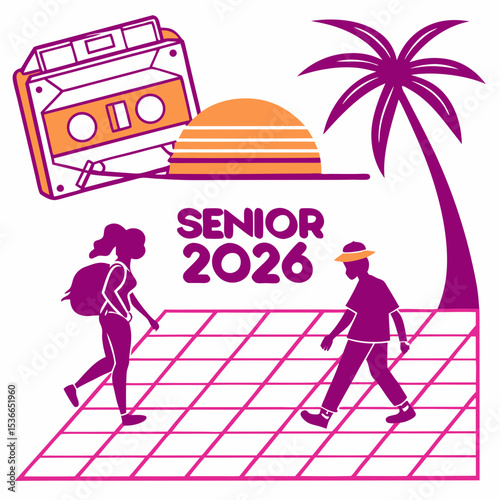 Senior 2026 graduation retro design with palm tree and cassette tape