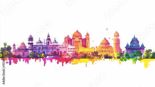 A vibrant vector illustration of Patna, India’s city skyline, featuring colorful buildings and iconic landmarks set against a clean white background. 