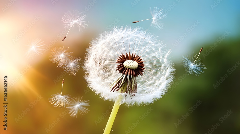 Fototapeta premium Stunning Dandelion Seeds Blowing in the Wind