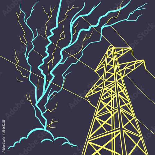 Electric power tower with lightning bolts in abstract style  