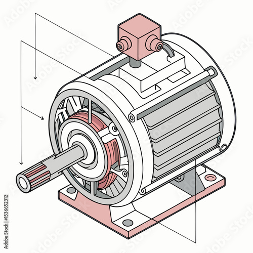 Electric motor illustration with labeled components and design details  