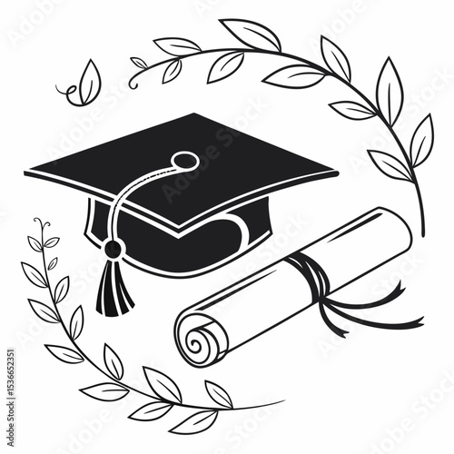 Graduation cap diploma leaves wreath academic achievement success education ceremony