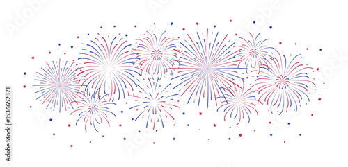 Fireworks isolated on white background. USA Independence Day blue red flash with stars. Simple flat style decoration for poster cover banner. 4th of July Blast explosion. Patriot Labor holiday.