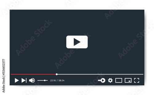 Video Player screen template. Social media, web, mobile Interface mockup ui ux. Media app display. Multimedia viewer access. Playback software design in dark theme and flat style.