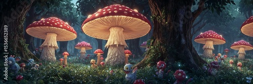 A whimsical scene of large mushrooms and cartoon creatures in a lush forest environment landscape art