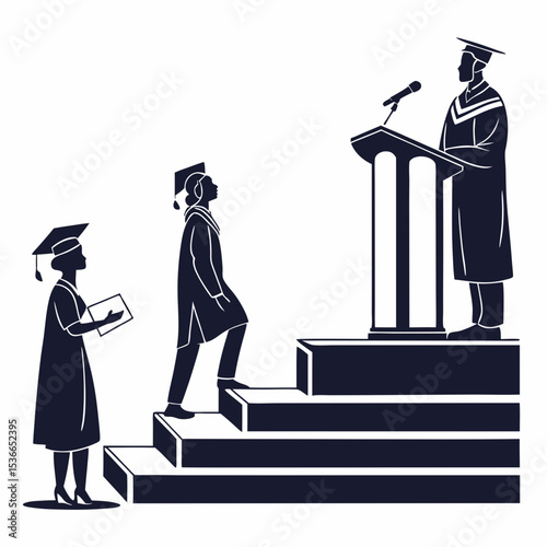 Graduation ceremony students ascending steps success achievement