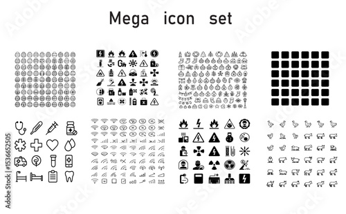 A mega icon set featuring a variety of different symbols and designs arranged in a grid pattern format