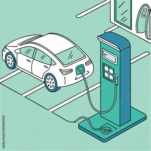 Electric car charging at a charging station in a parking lot  