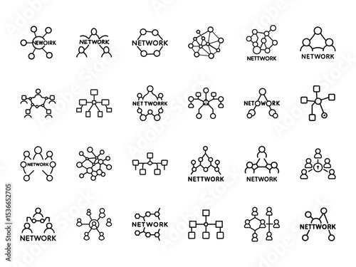 Bundle of Network Connection Silhouette Icons in Minimal Outline Style on White Background – Digital Communication and Teamwork Vector Set