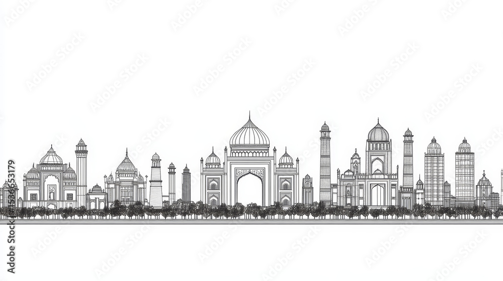 Fototapeta premium A seamless vector pattern showcasing the outline of Delhi, India’s city skyline featuring its historic buildings and iconic landmarks. Rendered in clean, minimal line art on a white background.
