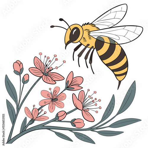 Bright bee hovering over pink flowers in a natural setting  