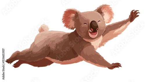 A digital painting or illustration of a koala bear in mid-air, appearing playful and happy. The koala is depicted in a cartoonish style with soft, brown fur and expressive features. 