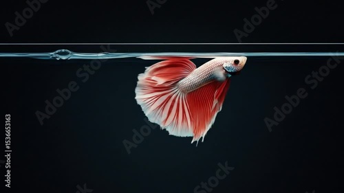 Red and white betta fish gracefully swimming underwater against a dark background