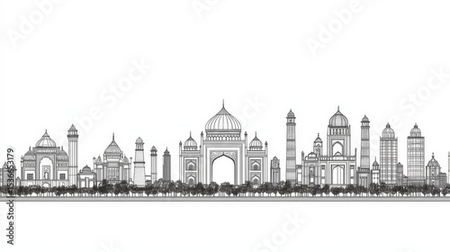 A seamless vector pattern showcasing the outline of Delhi, India’s city skyline featuring its historic buildings and iconic landmarks. Rendered in clean, minimal line art on a white background.