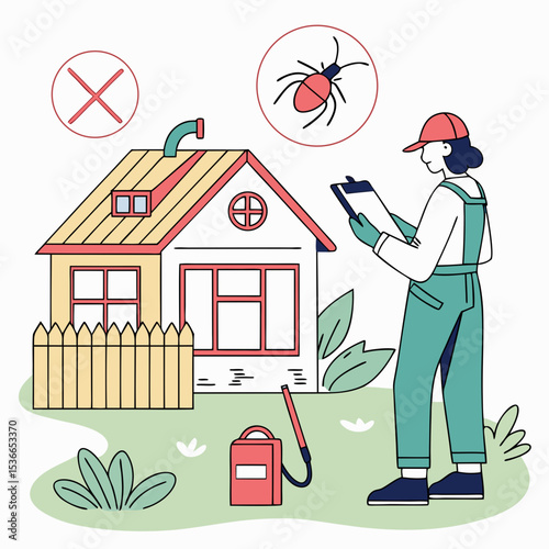 Pest control technician inspecting house for insects in backyard  