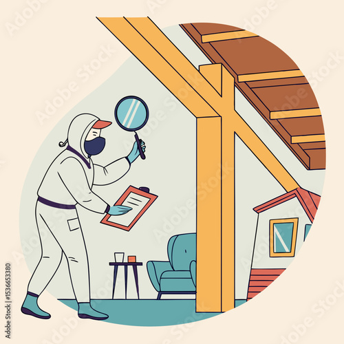 Pest inspector examining property with clipboard and magnifying glass