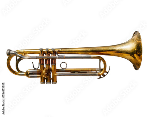 Vintage brass trumpet with three valves and worn finish isolated on transparency background, showing detailed metalwork and tubing in musical instrument