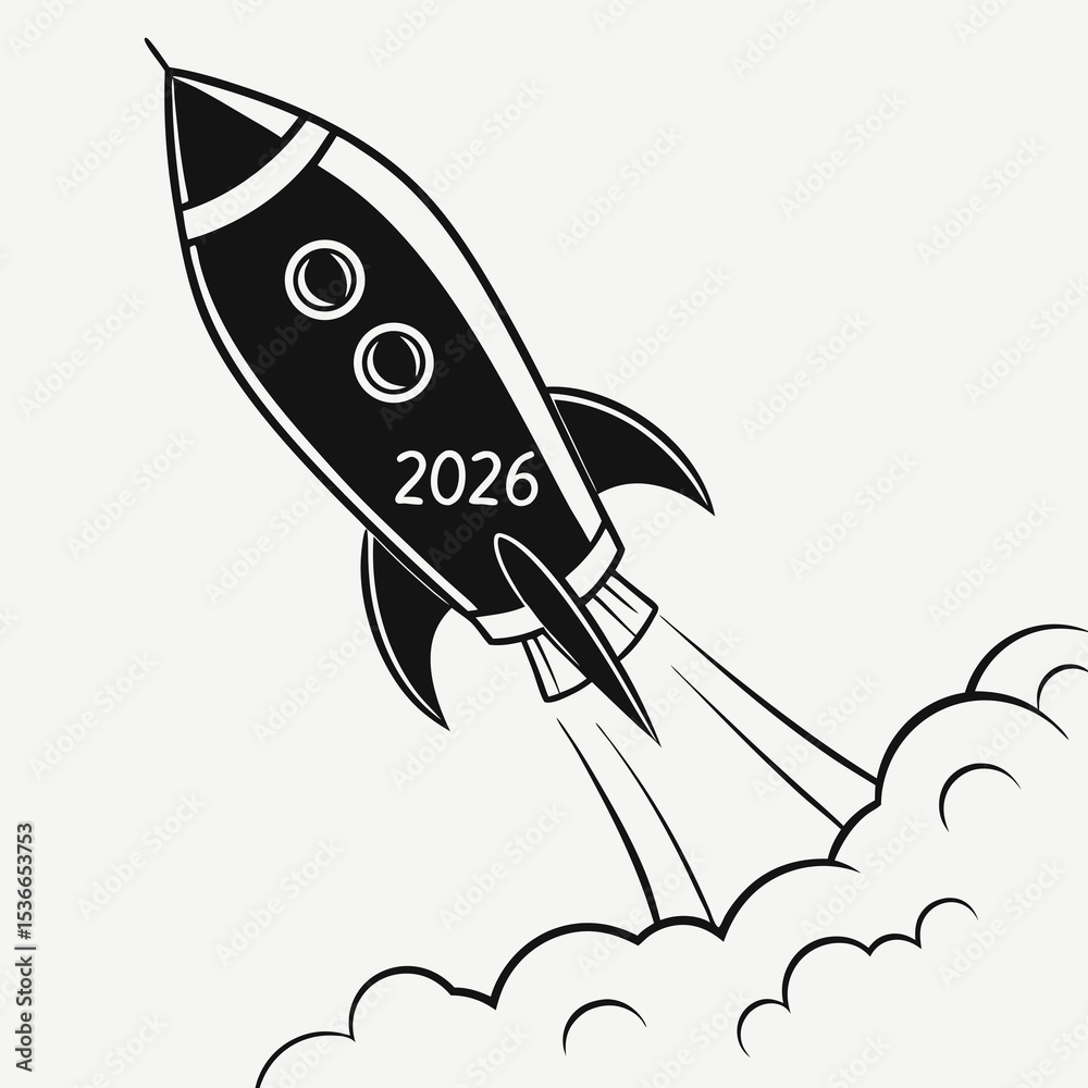 Fototapeta premium Retro rocket launching into 2026 new year concept