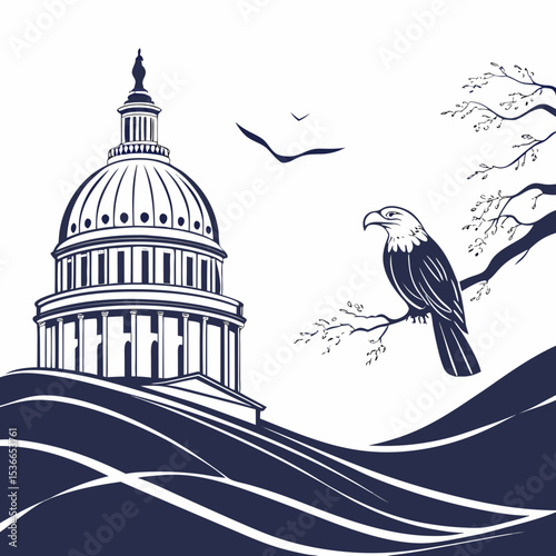 American eagle perched on branch near capitol building