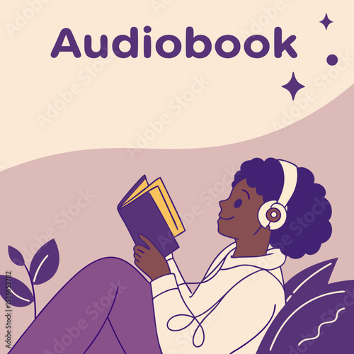 Young woman listening to audiobook while relaxing on a sofa  