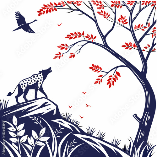 Wild hyena howling under red leafed tree with flying crane