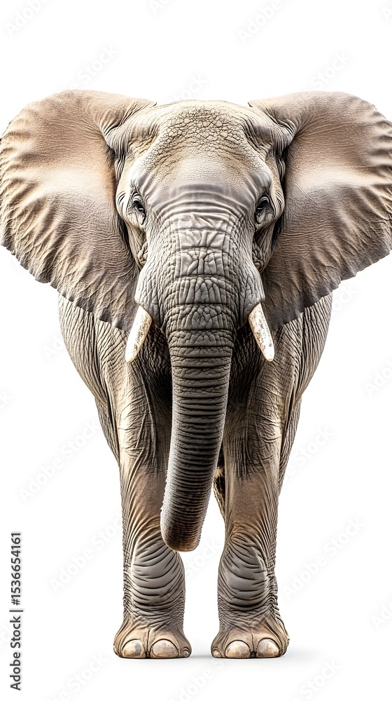 Fototapeta premium Majestic African Elephant Powerful and Graceful Creature Facing Forward on White Background