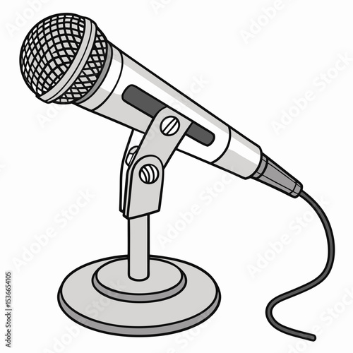 Classic microphone on stand with cable in simple line art style  