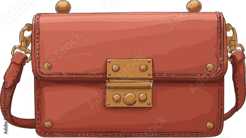A digital illustration of a coral-colored leather crossbody bag. The bag is rectangular with a flap closure fastened with gold hardware.  The illustration shows stitching details and textured