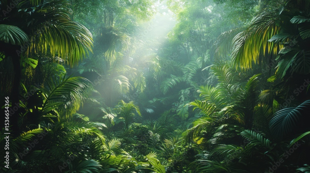 Obraz premium Lush jungle path bathed in sunlight