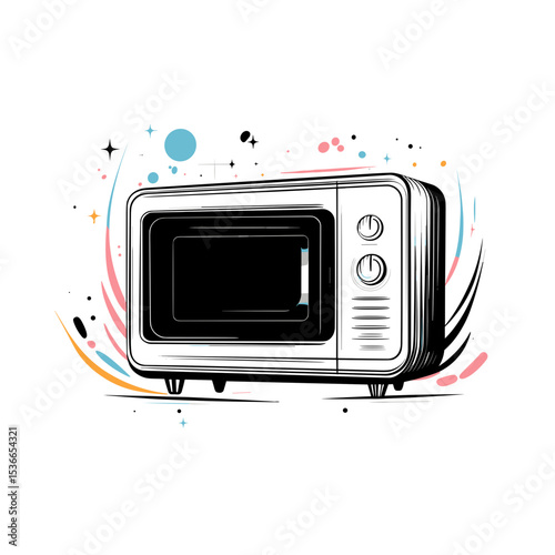 Retro microwave oven with artistic swirl design in colorful style  