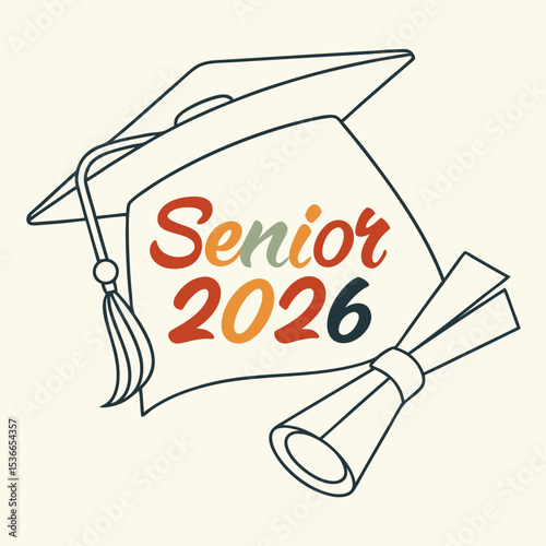 Senior 2026 graduation cap diploma illustration design