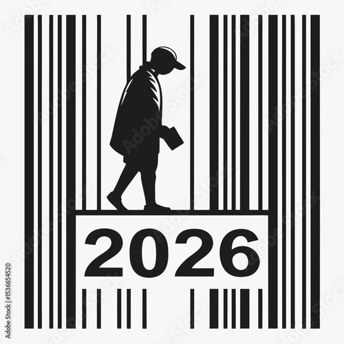 Silhouette child walking through barcode 2026 new year