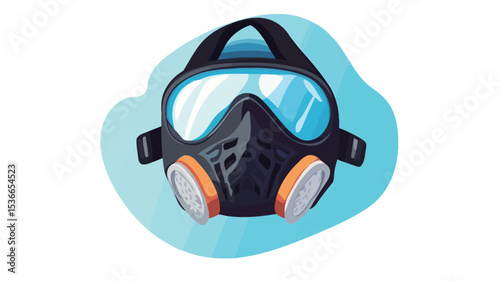 A digital illustration of a black respirator mask with integrated goggles. The mask features two orange filter cartridges on the sides.  The goggles are clear. The mask is presented against a light