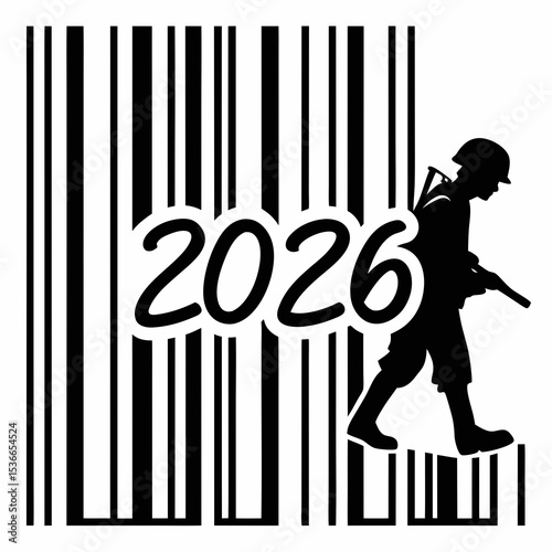 Soldier walking through barcode 2026 future war concept