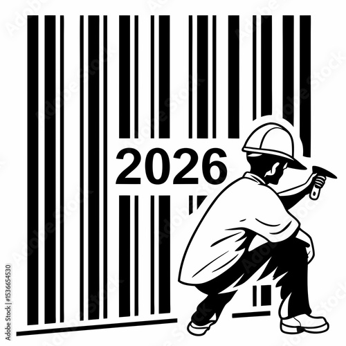 Worker with barcode scanner year 2026 new year concept