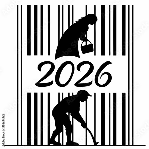 Silhouette people bar code 2026 new year concept
